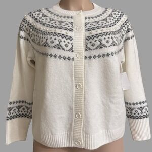 CeCe Fair Isle Cardigan Sweater Womens Large‎ Off-White Pearl Yoke Holiday NEW